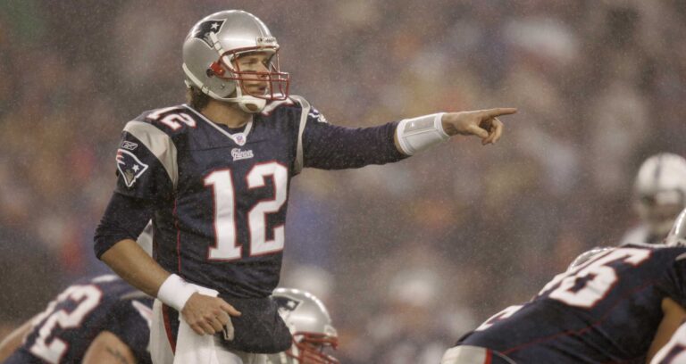 Quarterback Tom Brady of the New England Patriots during the AFC Division playoff game against the Indianapolis Colts at Gillette Stadium in Foxboro, Massachusetts on January 16, 2005. The Patriots beat the Colts 20-3 to advance to the AFC Championship against the Pittsburgh Steelers. (Photo by Mike Ehrmann/Getty Images)