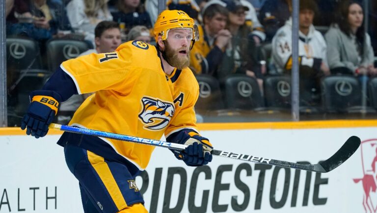 Nashville Predators' Mattias Ekholm plays against the Ottawa Senators in the first period of an NHL hockey game Tuesday, March 29, 2022, in Nashville, Tenn. (AP Photo/Mark Humphrey)