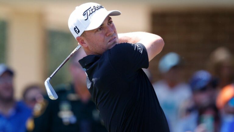 Justin Thomas watches his tee shot on the second hole during the third round of the Valspar Championship golf tournament, Saturday, March 19, 2022, at Innisbrook in Palm Harbor, Fla