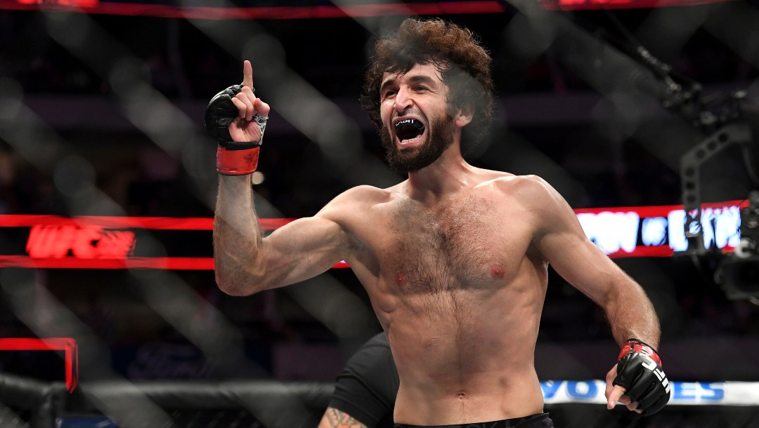 Zabit Magomedsharipov celebrates his victory by submission over Brandon Davis at UFC 228.
