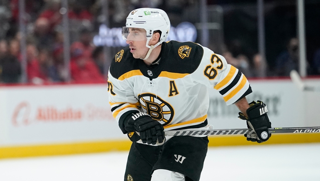 Boston Bruins left wing Brad Marchand skates during the first period of an NHL hockey game between the Washington Capitals and the Boston Bruins, Sunday, April 10, 2022, in Washington. (AP Photo/Julio Cortez)
