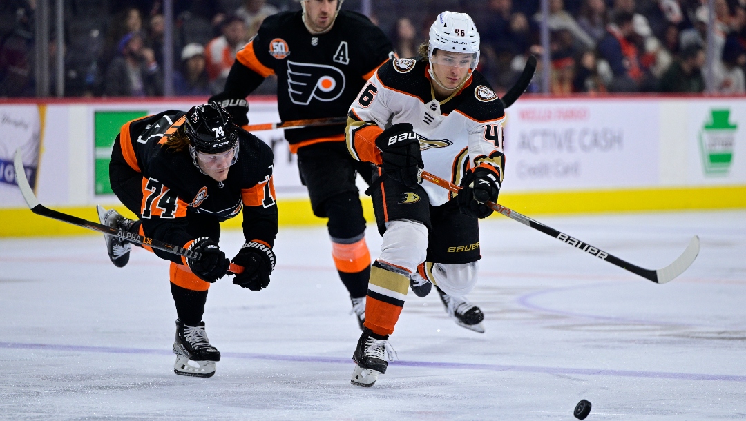 Anaheim Ducks' Trevor Zegras in action during an NHL hockey game against the Philadelphia Flyers, Saturday, April 9, 2022, in Philadelphia. (AP Photo/Derik Hamilton)