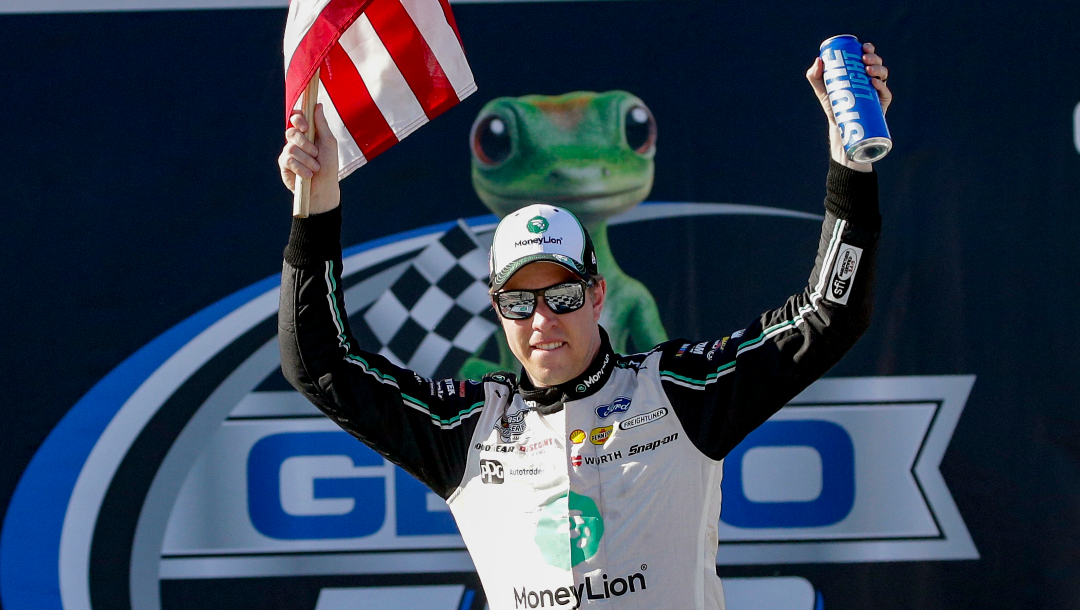 Brad Keselowski (2) celebrates after winning the Geico 500 NASCAR Sprint Cup auto race at Talladega Superspeedway, Sunday, April 25, 2021, in Talladega, Ala. (AP Photo/Butch Dill)
