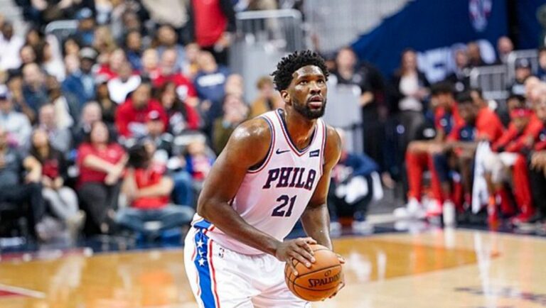 Joel Embiid shoots a free throw in a recent game.