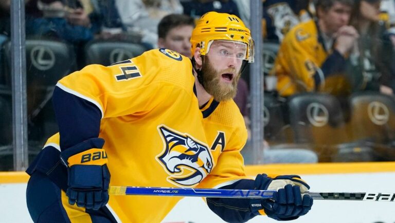 Nashville Predators' Mattias Ekholm plays against the Ottawa Senators in an NHL hockey game Tuesday, March 29, 2022, in Nashville, Tenn.