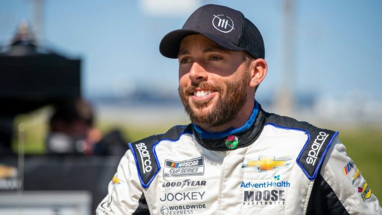 Ross Chastain (1) smiles before NASCAR Cup Series practice at Dover Motor Speedway, Saturday, April 30, 2022, in Dover, Del.