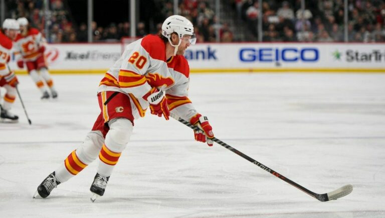Calgary Flames center Blake Coleman in action against the Minnesota Wild during the second period of an NHL hockey game Thursday, April 28, 2022, in St. Paul, Minn. The Wild won 3-2 in overtime.