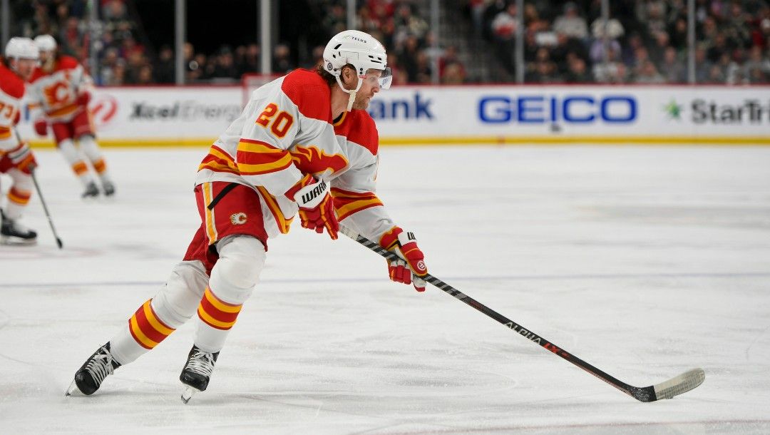 Calgary Flames center Blake Coleman in action against the Minnesota Wild during the second period of an NHL hockey game Thursday, April 28, 2022, in St. Paul, Minn. The Wild won 3-2 in overtime.