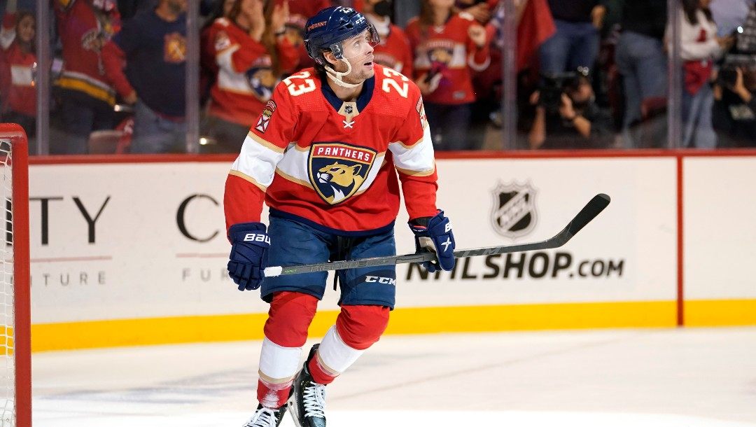 Florida Panthers center Carter Verhaeghe (23) looks at the scoreboard after scoring a goal during the second period of Game 5 of the first round of the NHL Stanley Cup hockey playoffs against the Washington Capitals, Wednesday, May 11, 2022, in Sunrise, Fla.
