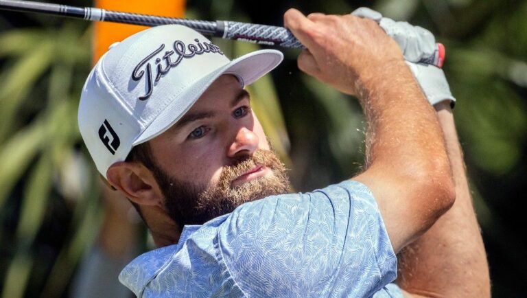 Cameron Young watches his drive down the 11th fairway during the second round of the RBC Heritage golf tournament, Friday, April 15, 2022, in Hilton Head Island, S.C.