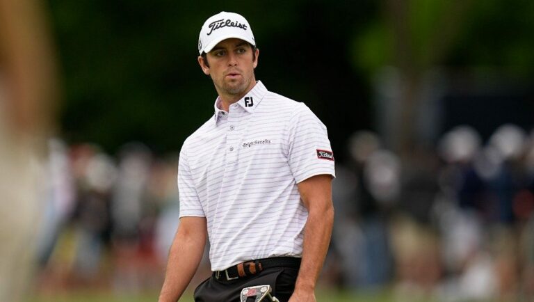 Davis Riley reacts after missing a putt on the second hole during the final round of the PGA Championship golf tournament at Southern Hills Country Club, Sunday, May 22, 2022, in Tulsa, Okla.