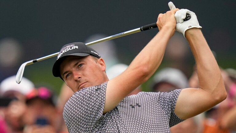Jordan Spieth watches his tee shot on the sixth hole during the second round of the PGA Championship golf tournament at Southern Hills Country Club, Friday, May 20, 2022, in Tulsa, Okla.