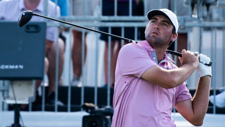 Scottie Scheffler tees off on the 13th hole during the second round of the AT&T Byron Nelson golf tournament in McKinney, Texas, on Friday, May 13, 2022.
