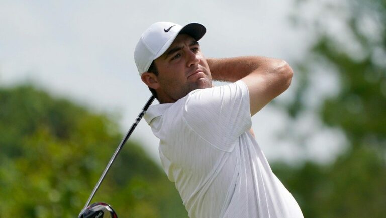 Scottie Scheffler hits off the second tee during the second round of the PGA Zurich Classic golf tournament, Friday, April 22, 2022, at TPC Louisiana in Avondale, La.