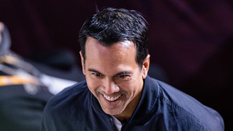 Erik Spoelstra smiles in a recent game.