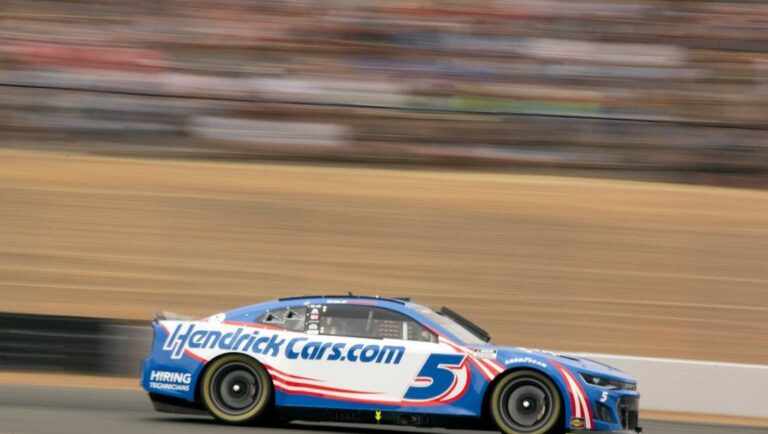 Kyle Larson (5) streaks along the road course during a NASCAR Cup Series race, Sunday, June 12, 2022, at Sonoma Raceway in Sonoma, Calif.