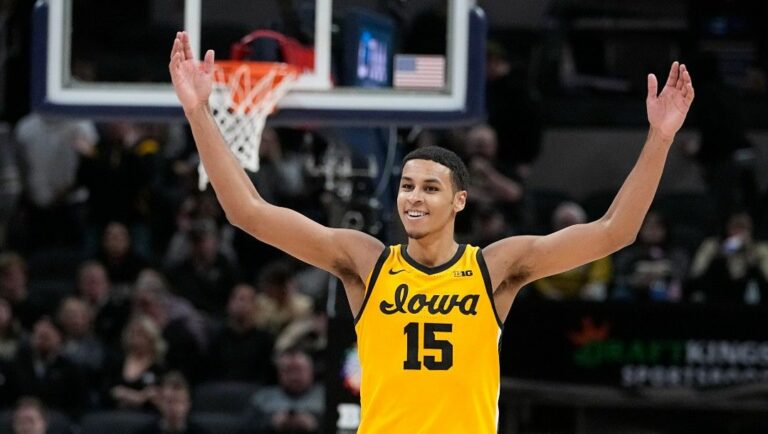 Iowa forward Keegan Murray celebrates at the end of an NCAA college basketball game against Purdue at the Big Ten Conference tournament, Sunday, March 13, 2022, in Indianapolis. Iowa won 75-66.