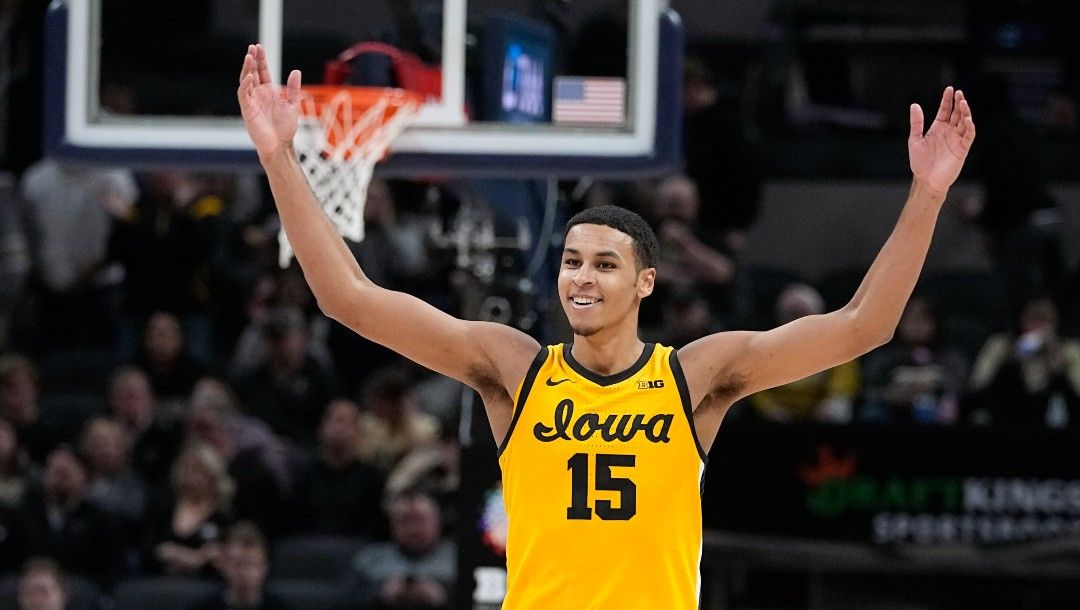 Iowa forward Keegan Murray celebrates at the end of an NCAA college basketball game against Purdue at the Big Ten Conference tournament, Sunday, March 13, 2022, in Indianapolis. Iowa won 75-66.