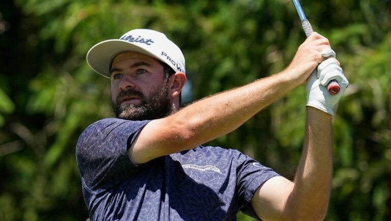 Cameron Young hits from the eighth tee during the second round of the Memorial golf tournament Friday, June 3, 2022, in Dublin, Ohio.