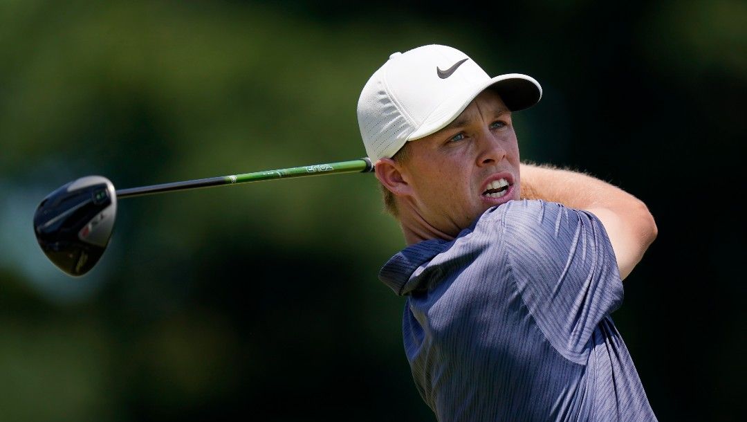 Nick Hardy tees off on the first hole during the final round of the Travelers Championship golf tournament at TPC River Highlands, Sunday, June 26, 2022, in Cromwell, Conn.