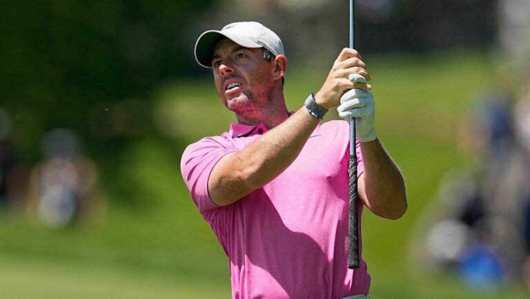 Rory McIlroy, of Northern Ireland, hits from the first fairway during the final round of the Memorial golf tournament Sunday, June 5, 2022, in Dublin, Ohio.