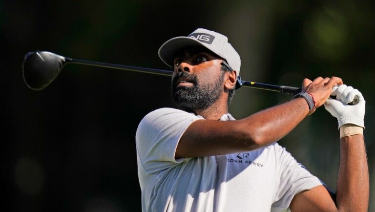 Sahith Theegala during the third round of the Travelers Championship golf tournament at TPC River Highlands, Saturday, June 25, 2022, in Cromwell, Conn.