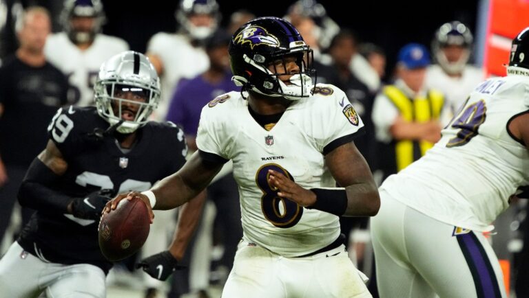 Baltimore Ravens quarterback Lamar Jackson (8) during an NFL football game against the Las Vegas Raiders, Monday, Sept. 13, 2021, in Las Vegas. (AP Photo/Rick Scuteri)