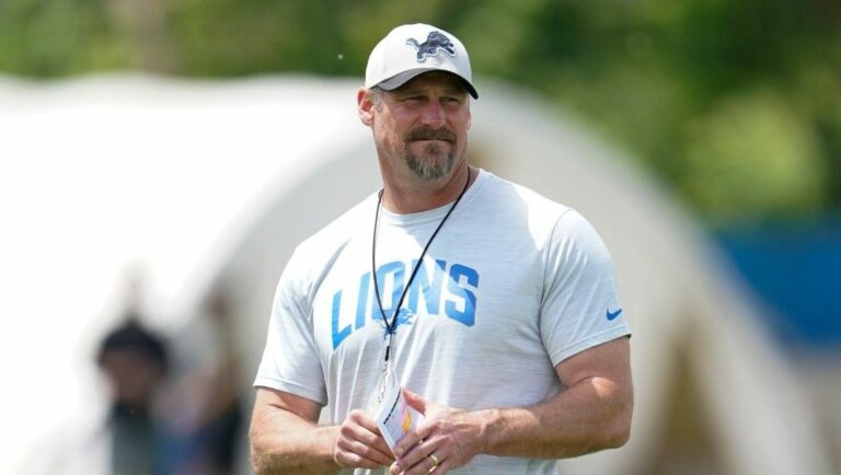 Detroit Lions head coach Dan Campbell watches during an NFL football practice in Allen Park, Mich., Thursday, June 9, 2022.