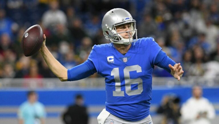 Detroit Lions quarterback Jared Goff throws during the second half of an NFL football game against the Green Bay Packers, Sunday, Jan. 9, 2022, in Detroit.