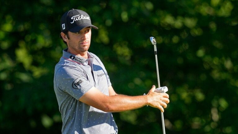 Davis Riley watches his drive on the 14th hole during the second round of the Memorial golf tournament Friday, June 3, 2022, in Dublin, Ohio.