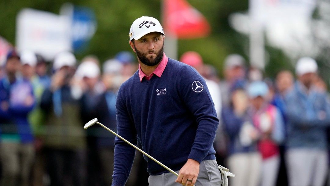 Jon Rahm, of Spain, reacts after a putt on the seventh hole during the final round of the U.S. Open golf tournament at The Country Club, Sunday, June 19, 2022, in Brookline, Mass.