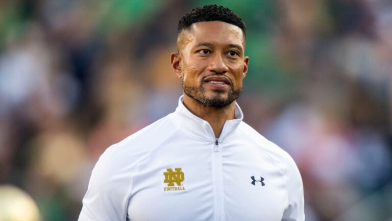 Notre Dame head coach Marcus Freeman during the second half of the NCAA college football game against UNLV, Saturday, Oct. 22, 2022, in South Bend, Ind. (AP Photo/Marc Lebryk)