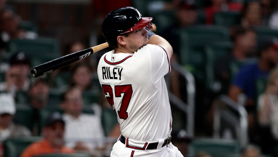 Atlanta Braves' Austin Riley hits a two-run home run against the Los Angeles Angels during the fourth inning of a baseball game Saturday, July 23, 2022, in Atlanta.