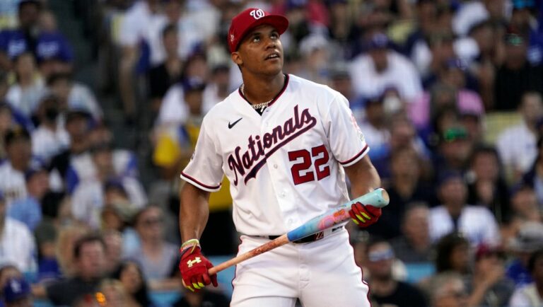 National League's Juan Soto, of the Washington Nationals, follows through during the MLB All-Star baseball Home Run Derby, Monday, July 18, 2022, in Los Angeles.