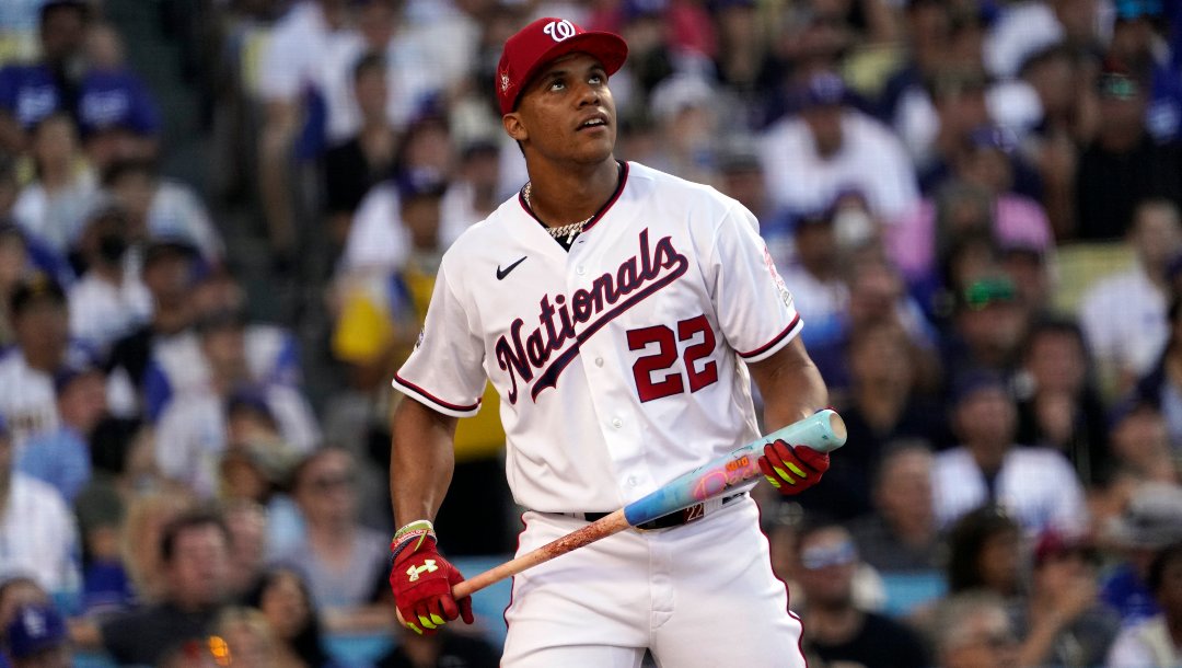 National League's Juan Soto, of the Washington Nationals, follows through during the MLB All-Star baseball Home Run Derby, Monday, July 18, 2022, in Los Angeles.