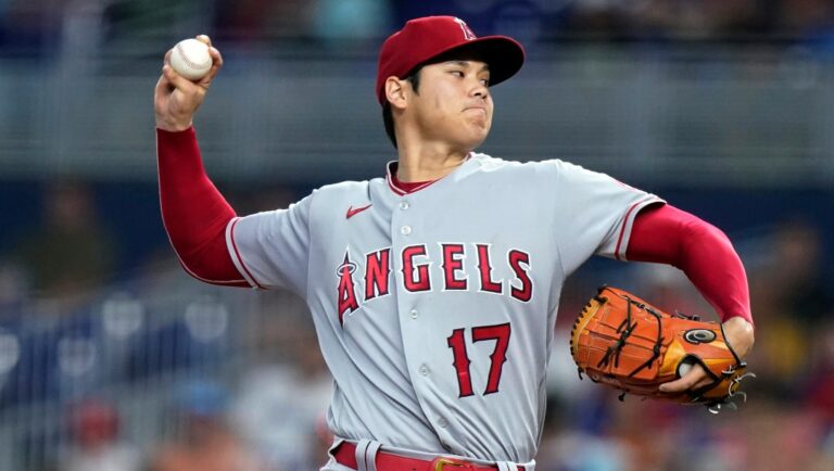 Los Angeles Angels starting pitcher Shohei Ohtani (17) throws during the first inning of the team's baseball game against the Miami Marlins, Wednesday, July 6, 2022, in Miami.
