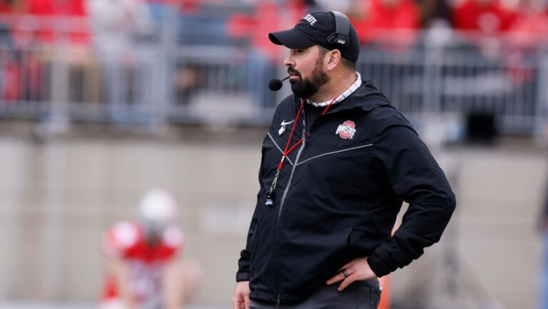 Ohio State head coach Ryan Day watches his team during an NCAA college spring football game Saturday, April 16, 2022, in Columbus, Ohio.