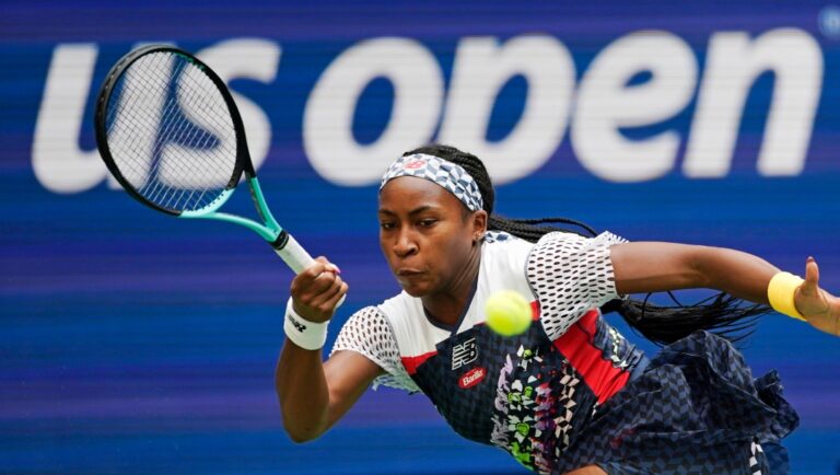 FILE - Coco Gauff, of the United States, returns to Shuai Zhang, of China,, during the fourth round of the U.S. Open tennis championships, Sunday, Sept. 4, 2022, in New York. Gauff is expected to compete in the season-ending WTA Finals that begin Monday, Oct. 31, 2022, in Fort Worth, Texas. (AP Photo/Eduardo Munoz Alvarez, File)
