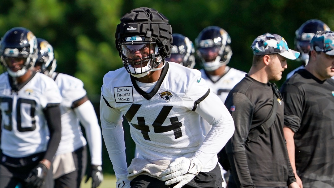 Jacksonville Jaguars outside linebacker Travon Walker (44) performs a drill during an NFL football practice, Monday, July 25, 2022, in Jacksonville, Fla. (AP Photo/John Raoux)