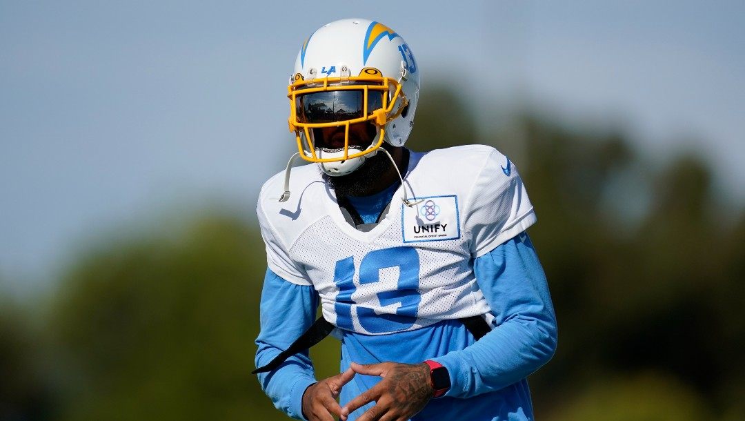 Los Angeles Chargers wide receiver Keenan Allen (13) participates in drills at the NFL football team's practice facility in Costa Mesa, Calif. Sunday, Aug. 7, 2022.