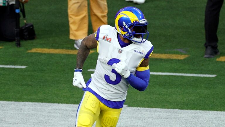 Los Angeles Rams wide receiver Odell Beckham Jr. (3) reacts after a play during the NFL Super Bowl 56 football game against the Cincinnati Bengals, Sunday, Feb. 13, 2022 in Inglewood, CA. (AP Photo/Tyler Kaufman)