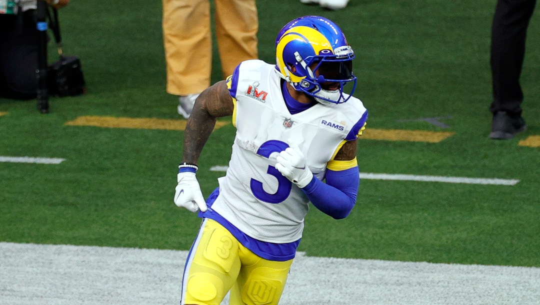 Los Angeles Rams wide receiver Odell Beckham Jr. (3) reacts after a play during the NFL Super Bowl 56 football game against the Cincinnati Bengals, Sunday, Feb. 13, 2022 in Inglewood, CA. (AP Photo/Tyler Kaufman)