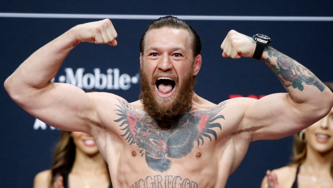 Conor McGregor poses during a ceremonial weigh-in for the UFC 246 mixed martial arts bout, Friday, Jan. 17, 2020, in Las Vegas.