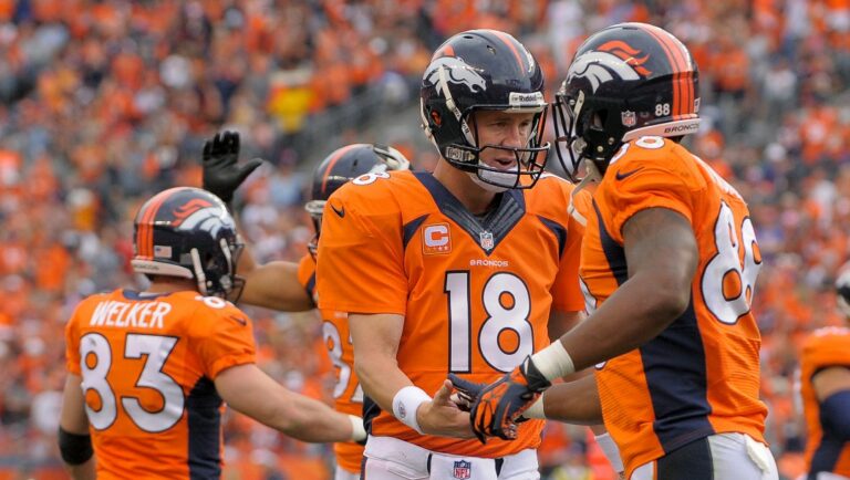ADVANCE FOR WEEKEND EDITIONS, JAN. 25-26 - In this Sept. 29, 2013, file photo, Denver Broncos quarterback Peyton Manning (18) is congratulated by wide receiver Demaryius Thomas (88) after throwing a touchdown pass to Wes Welker during the third quarter of an NFL football game against the Philadelphia Eagles in Denver. No team in the 93-year history of the NFL ever had that many players catch at least 60 passes or reach the end zone 10 or more times until the Broncos put up a record 606 points. (AP Photo/Jack Dempsey, File)