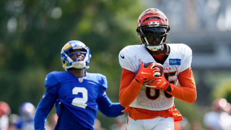 Cincinnati Bengals wide receiver Tee Higgins, right, makes a catch against Los Angeles Rams cornerback Troy Hill (2) during a joint practice at the team's NFL football training facility, Wednesday, Aug. 24, 2022, in Cincinnati. (AP Photo/Jeff Dean)