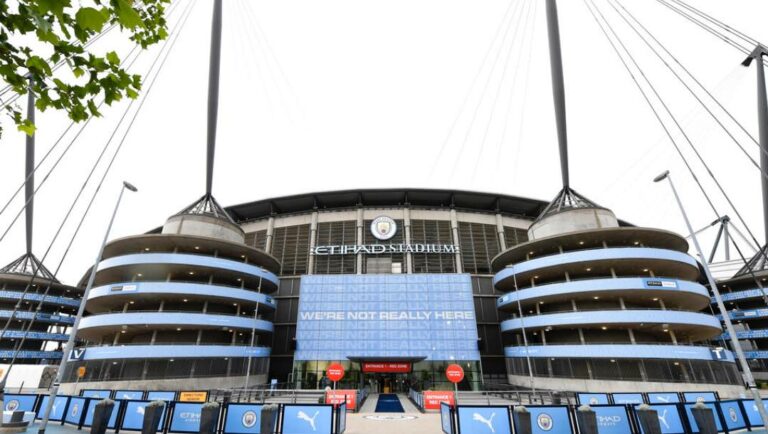 A exterior shot of the Etihad stadium.