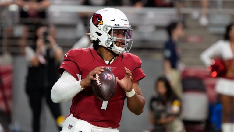 Arizona Cardinals quarterback Kyler Murray (1) during the first half of an NFL football game against the Kansas City Chiefs, Friday, Aug. 20, 2021, in Glendale, Ariz. (AP Photo/Rick Scuteri)