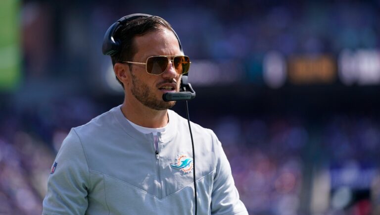 Miami Dolphins head coach Mike McDaniel watches the game during the first half of an NFL football game against the Baltimore Ravens, Sunday, Sept. 18, 2022, in Baltimore. (AP Photo/Julio Cortez)