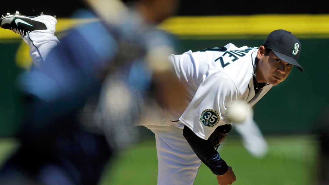 Seattle Mariners starting pitcher Felix Hernandez throws against the Tampa Bay Rays in the fourth inning of a baseball game, Wednesday, Aug. 15, 2012, in Seattle. Hernandez tossed a perfect game in the Mariners 1-0 win.