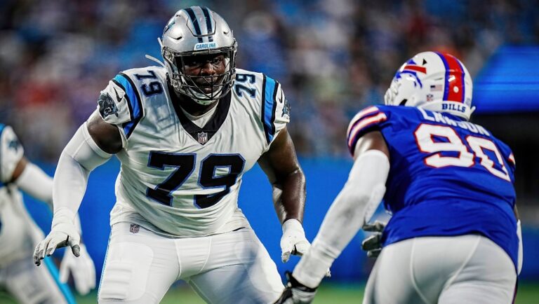 Carolina Panthers offensive tackle Ikem Ekwonu (79) prepares to block